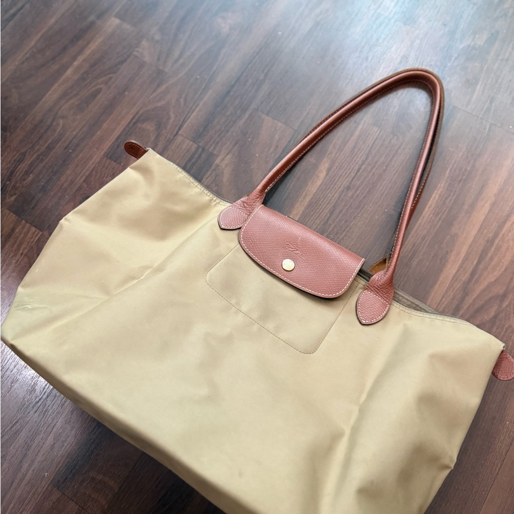 Longchamp Le Pliage Large Tote Olive Green Tan Leather AUTHENTIC Shoulder Bag